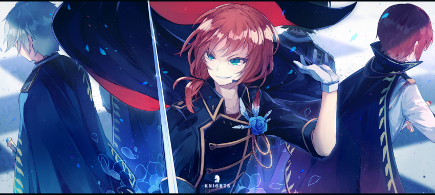 5boys, aqua_hair, blue_eyes, cape, chess_piece, english, ensemble_stars!, flower