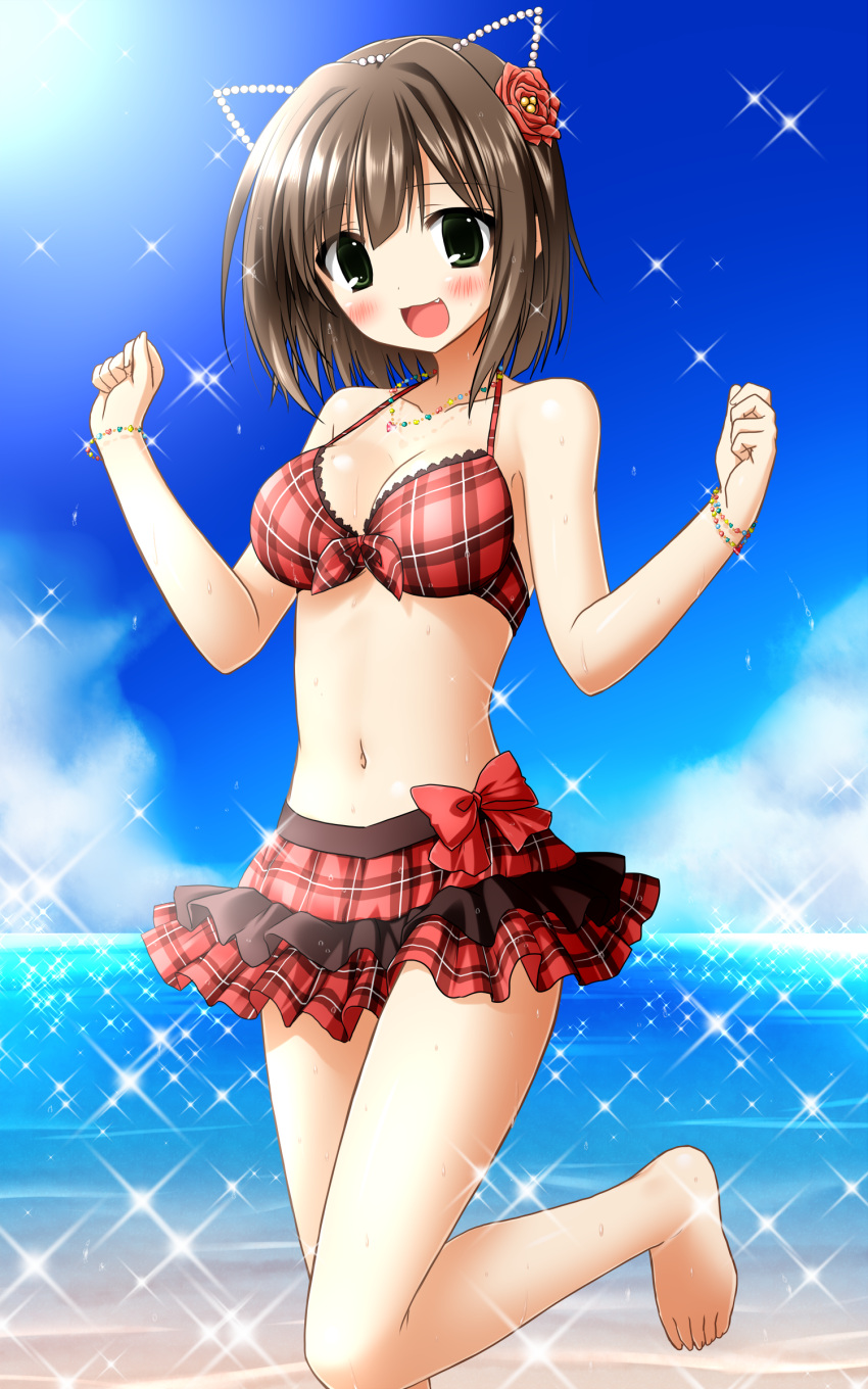 1girl, absurdres, animal_ears, barefoot, bikini_skirt, brown_hair, cat_ears, green_eyes