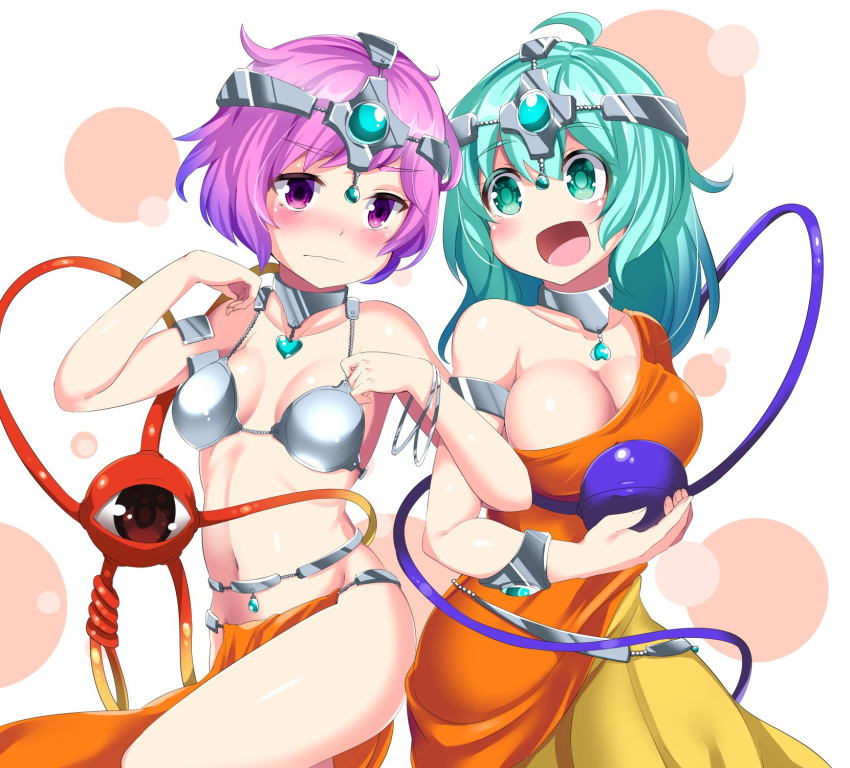 2girls, :d, alternate_costume, armlet, bare_shoulders, blush, breasts, choker