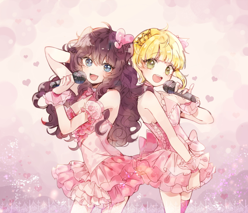2girls, :d, arm_up, bare_shoulders, blonde_hair, blue_eyes, blush, breasts