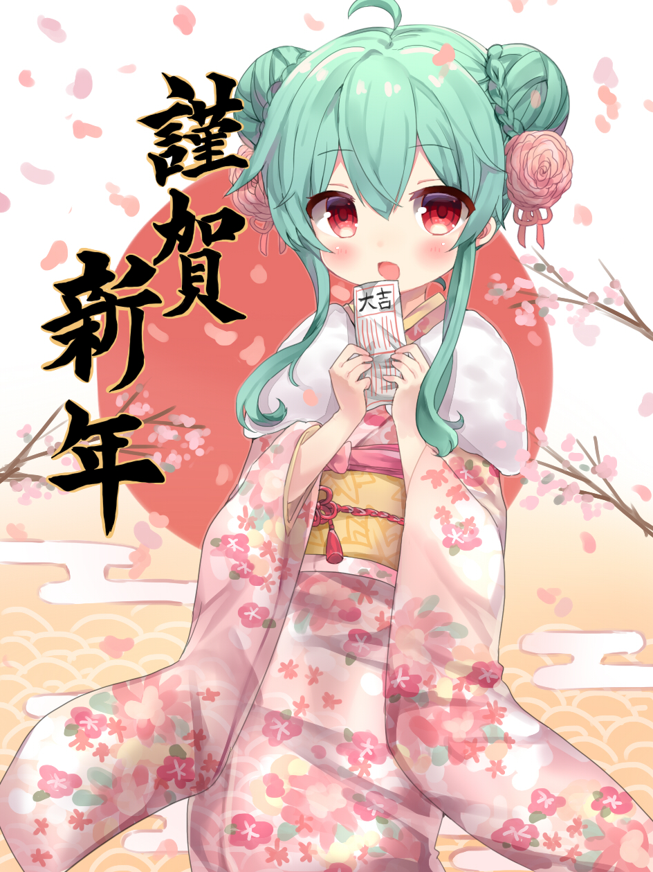 1girl, aqua_hair, blush, highres, japanese_clothes, kimono, long_hair, morgana_(school_girl_strikers)