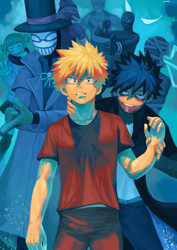 1girl, 6+boys, bad_end, bakugou_katsuki, bandanna, black_hair, blonde_hair, blue_background, bodysuit, boku_no_hero_academia, bubaigawara_jin, burn_scar, dabi_(boku_no_hero_academia), hat, iguchi_shuuichi, mask, moonfish_(boku_no_hero_academia), multiple_boys, muscular_(boku_no_hero_academia), note_(newb04), sako_atsuhiro, school_uniform, shirt, simple_background, spiky_hair, sweat, t-shirt, thumbs_down, toga_himiko, top_hat, trench_coat, villain