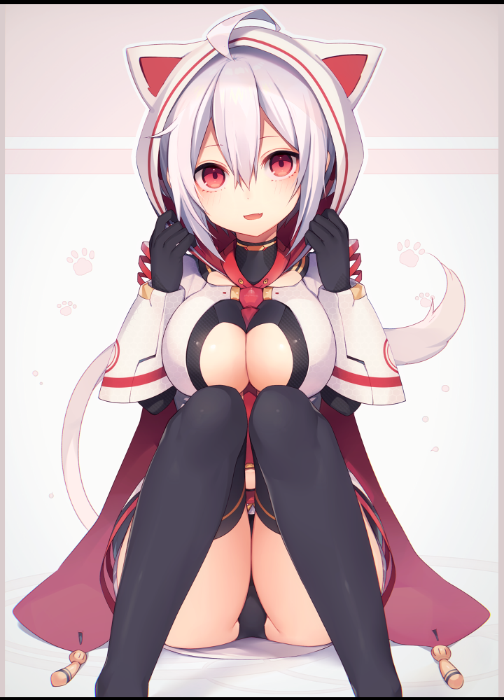 1girl, ahoge, albino, animal_hood, between_breasts, black_legwear, blush, breasts, center_opening, cleavage, commentary_request, edea_cluster, fang, gloves, hair_between_eyes, hood, large_breasts, looking_at_viewer, matoi_(pso2), miniskirt, muryou, necktie, necktie_between_breasts, open_mouth, panties, paw_print, phantasy_star, phantasy_star_online_2, red_eyes, silver_hair, skirt, smile, solo, tail, thigh-highs, underwear, white_background
