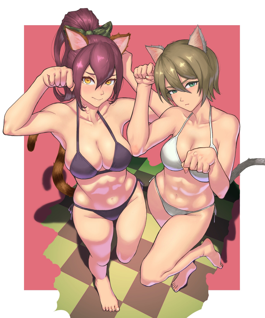 2girls, abs, animal_ears, barefoot, bikini, blush, bow, breasts
