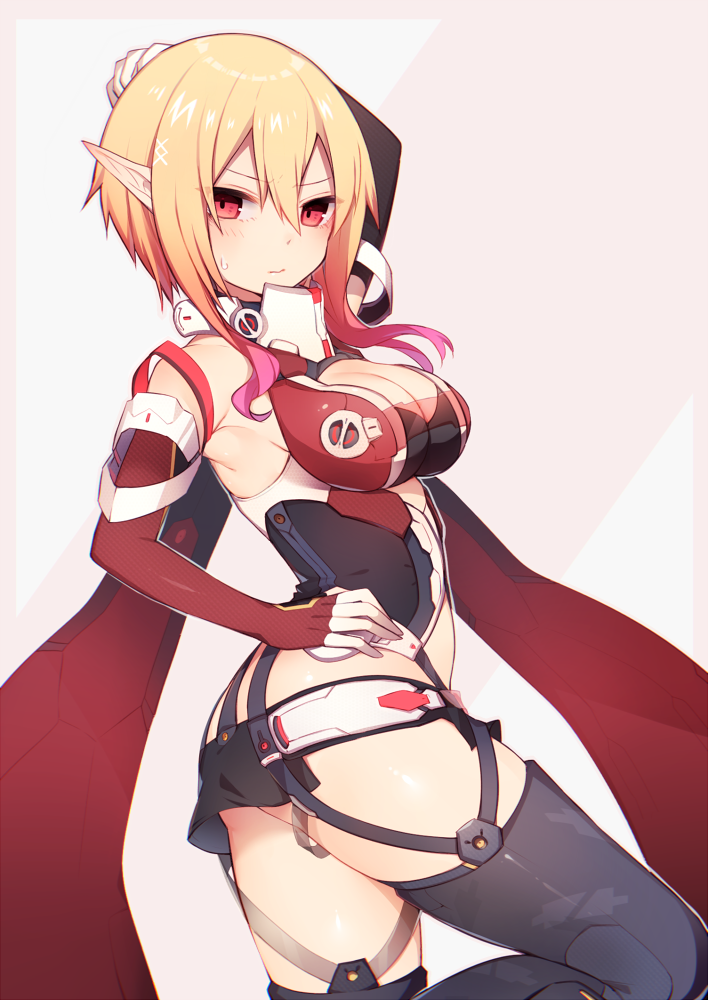 1girl, armpits, black_legwear, blonde_hair, breasts, bustier, cape, cleavage
