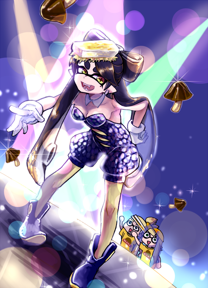+_+, 1boy, 2girls, aori_(splatoon), bare_shoulders, bent_over, black_dress, black_hair