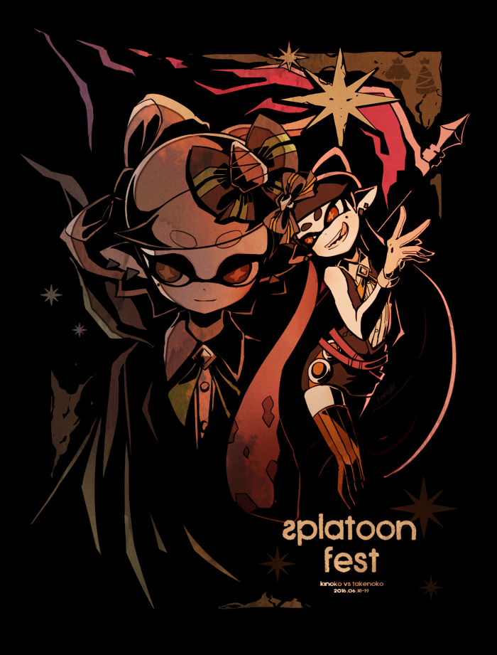 +_+, 2girls, :p, bow, callie_(splatoon), copyright_name, dated, domino_mask, dress, earrings, english, fangs, hair_bow, hair_ornament, jewelry, keijou_(cave), light_smile, long_hair, marie_(splatoon), mask, mole, mole_under_eye, multiple_girls, partially_colored, pointy_ears, ribbon, short_dress, short_hair, sleeveless, sleeveless_dress, splatoon, standing, striped, striped_legwear, tentacle_hair, thigh-highs, tongue, tongue_out, vertical-striped_legwear, vertical_stripes