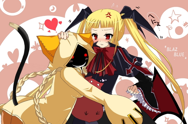 blazblue, blonde_hair, blush, cat_ears, gii, gothic_lolita, heart, hug, lolita_fashion, rachel_alucard, ribbon, shii_(pixiv), taokaka