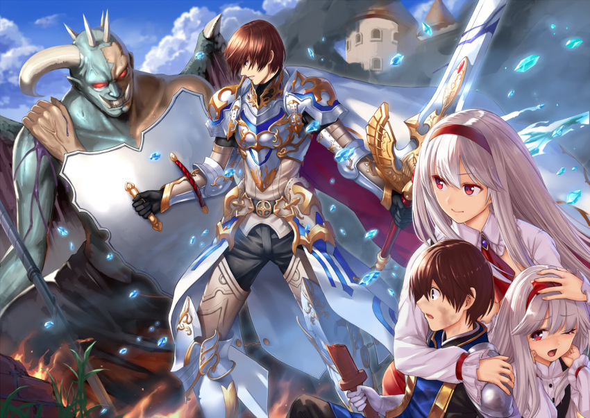 2boys, 2girls, anna_(sennen_sensou_aigis), armor, awakening_(sennen_sensou_aigis), bleeding, blood, bloody_weapon