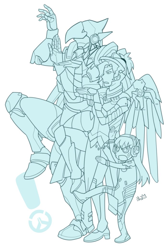 !, >:o, 3girls, :o, armor, bodysuit, chibi, d.va_(gremlin)