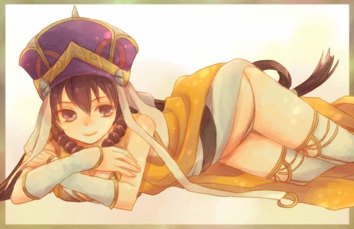 1girl, beads, bikini_bottom, bikini_top, brown_hair, fate/grand_order, fate_(series), hat, kuga_yahiro, long_hair, lying, prayer_beads, solo, thigh-highs, xuanzang_(fate/grand_order)