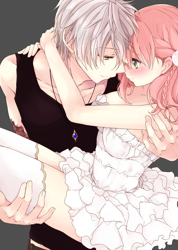 1boy, 1girl, amiko_(frostedchocolate), atelier_(series), atelier_escha_&amp;_logy, black_shirt, blush, braid, carrying, couple, cowboy_shot, escha_malier, eye_contact, frills, green_eyes, grey_background, hetero, jewelry, logix_ficsario, looking_at_another, necklace, pink_hair, princess_carry, scar, shirt, short_hair, skirt, sleeveless, sleeveless_shirt, smile, thigh-highs, twintails, white_hair, white_legwear, white_skirt, yellow_eyes