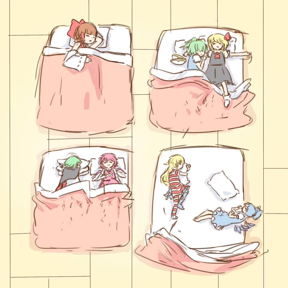 6+girls, blanket, cirno, clownpiece, daiyousei, from_above, hakurei_reimu, loss, lying, meme, multiple_girls, mystia_lorelei, on_back, on_side, pillow, rumia, sleeping, touhou, wriggle_nightbug