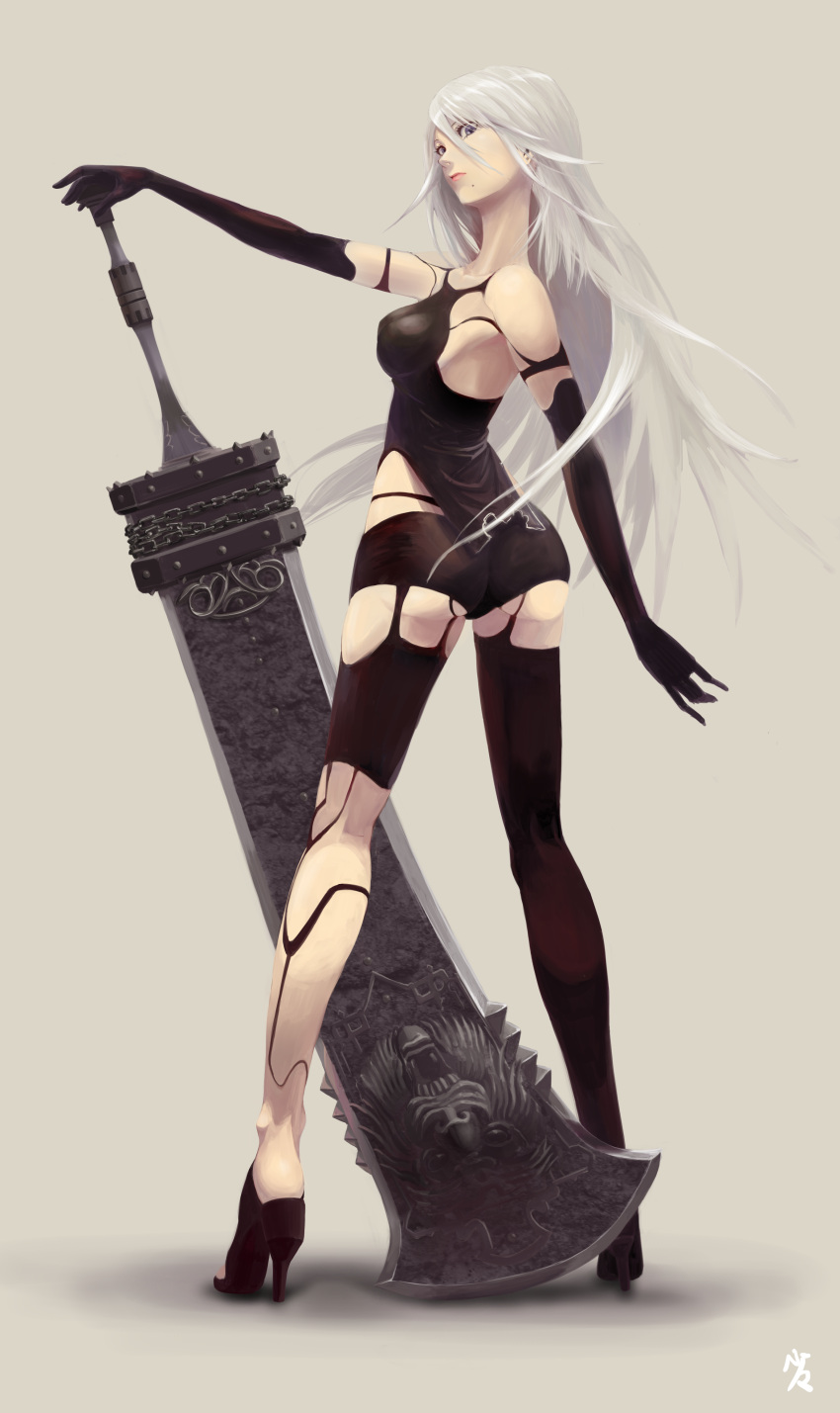 1girl, absurdres, android, ass, blue_eyes, breasts, elbow_gloves, from_behind