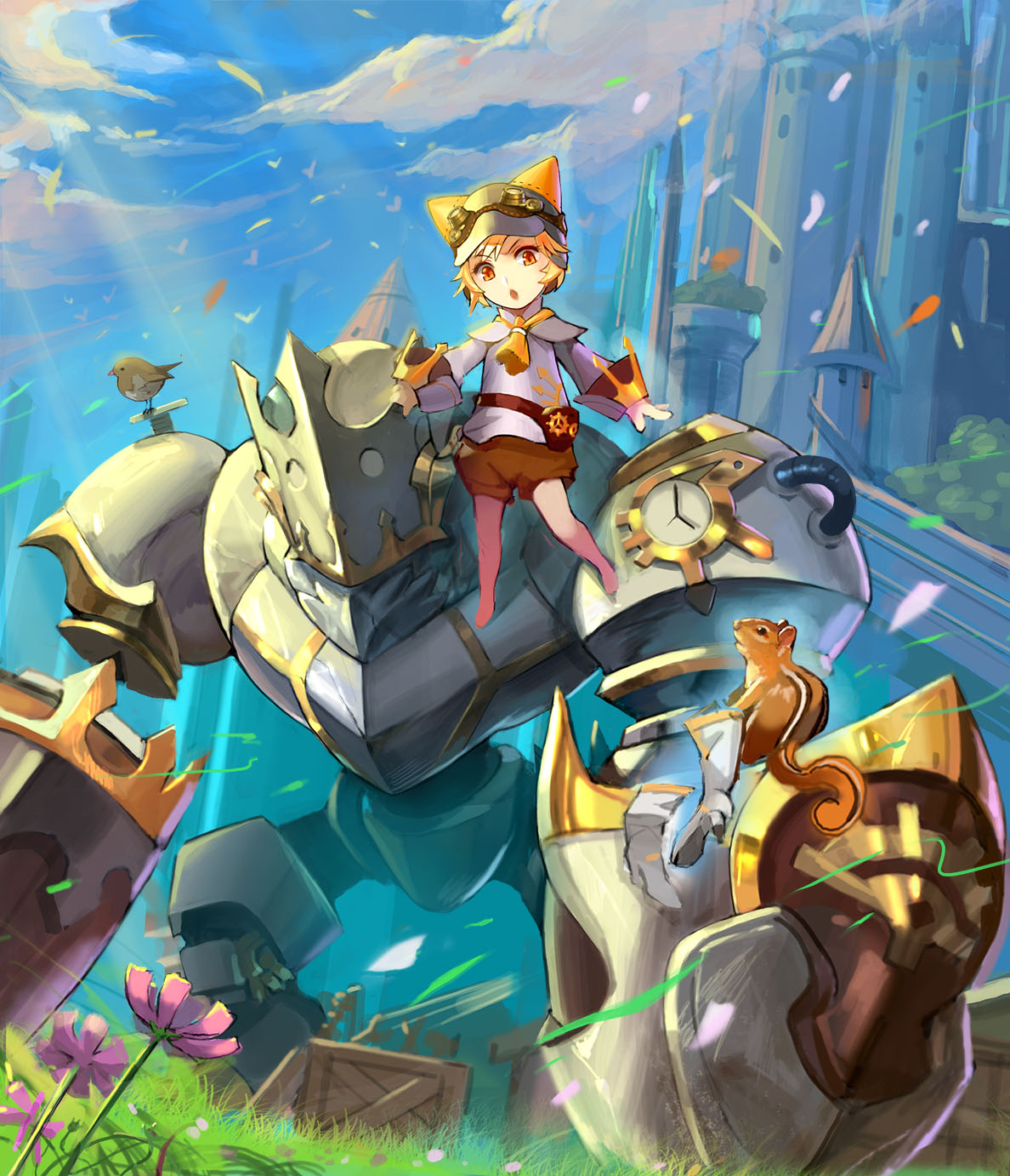 1girl, :o, bangs, barefoot, bird, blonde_hair, blue_sky, bolts_(seven_knights), boots, boots_removed, box, clock, clouds, flower, grass, hat, highres, holding, kisina, looking_down, nia_(seven_knights), orange_eyes, riding, robot, seven_knights, short_hair, sky, squirrel, white_boots