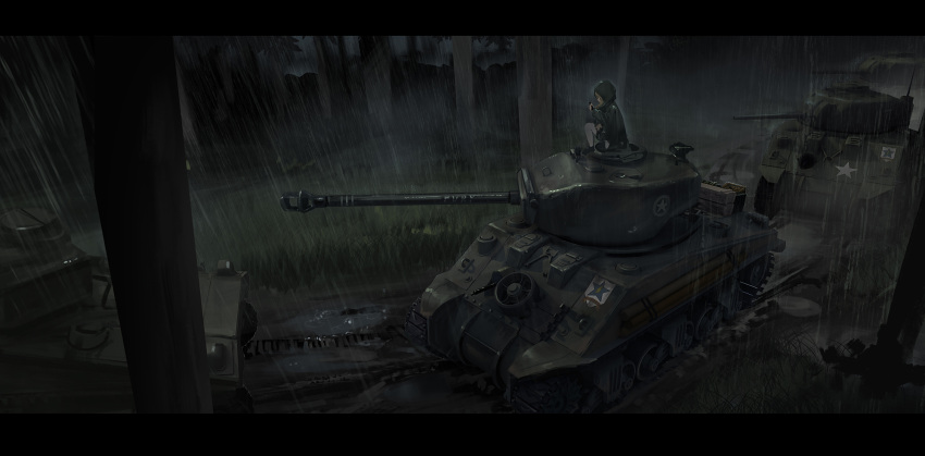 1girl, bad_id, dark, female, forest, fury_(movie), girls_und_panzer, ground_vehicle