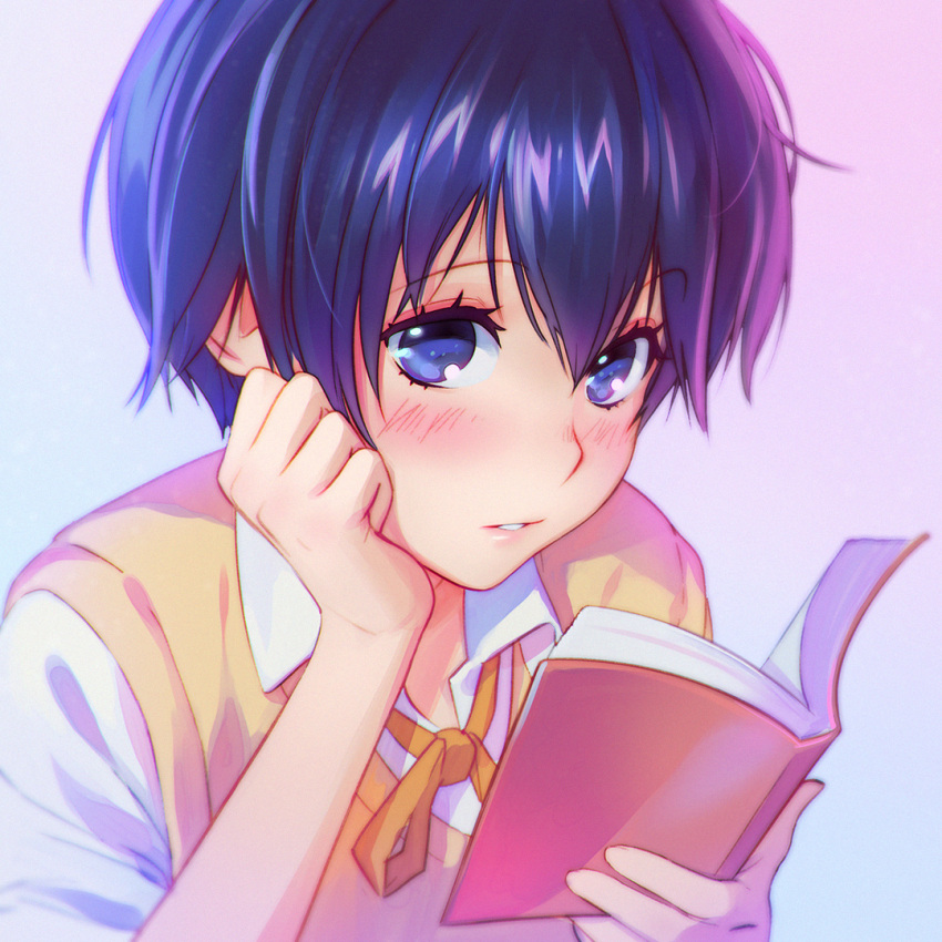 1girl, blue_eyes, blue_hair, blush, bokura_wa_minna_kawaisou, book, close-up, collared_shirt