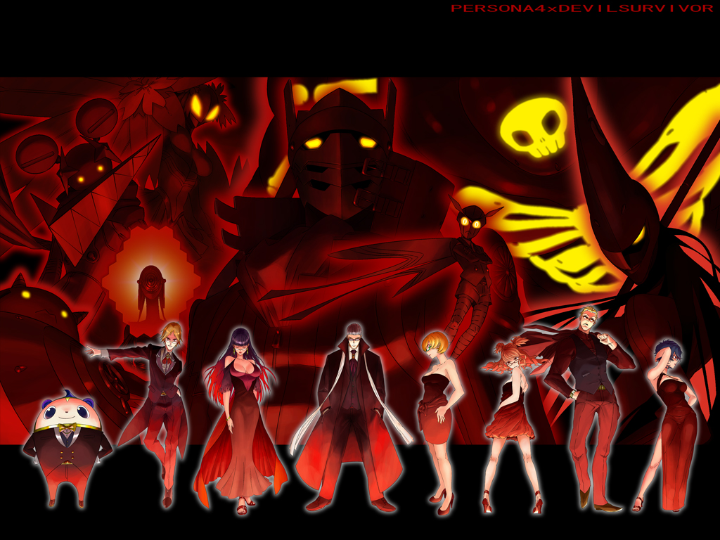 coat, devil_survivor_(series), devil_survivor_1, everyone, formal, glasses, hanamura_yousuke, hei_jin, high_heels, himiko_(persona_4), izanagi, jacket, jiraiya_(persona), jiraiya_(persona_4), kintoki_douji_(persona_4), konohana_sakuya, kujikawa_rise, kuma_(persona_4), narukami_yuu, oto_tin, persona, persona_4, satonaka_chie, seta_souji, shirogane_naoto, shoes, suit, sukuna_hikona, tatsumi_kanji, tomoe_(persona), tomoe_(persona_4)