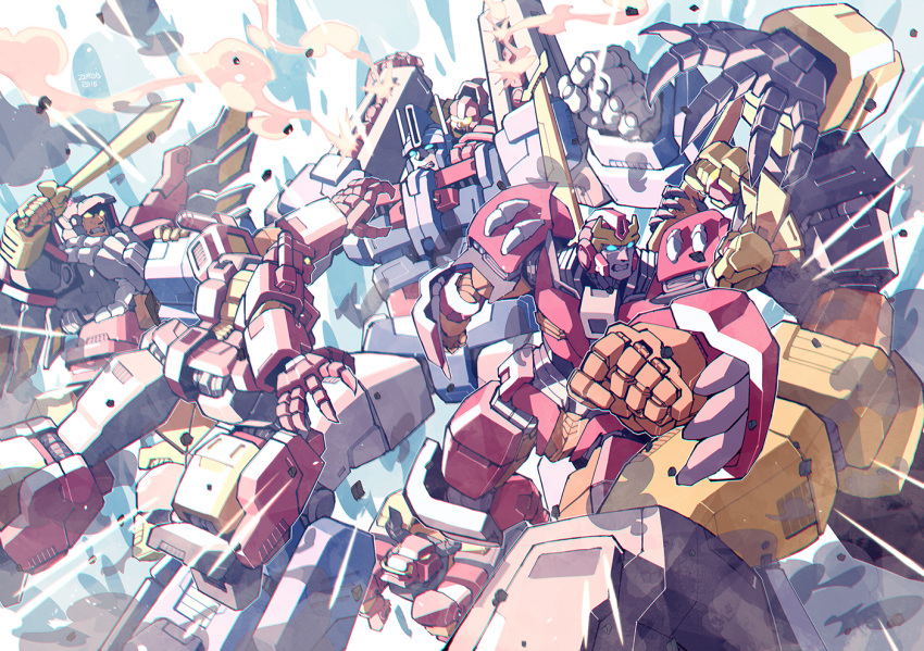 6+boys, 80s, autobot, battle, bird, borezet, bull, decepticon, divebomb_(transformers), fighting, glowing, hawk, headstrong_(transformers), insignia, lion, machine, machinery, mecha, multiple_boys, no_humans, oldschool, open_mouth, panther, predacon, rampage_(transformers), razorclaw_(transformers), robot, rodimus, science_fiction, smoke, sword, tantrum_(transformers), transformers, ultra_magnus, weapon