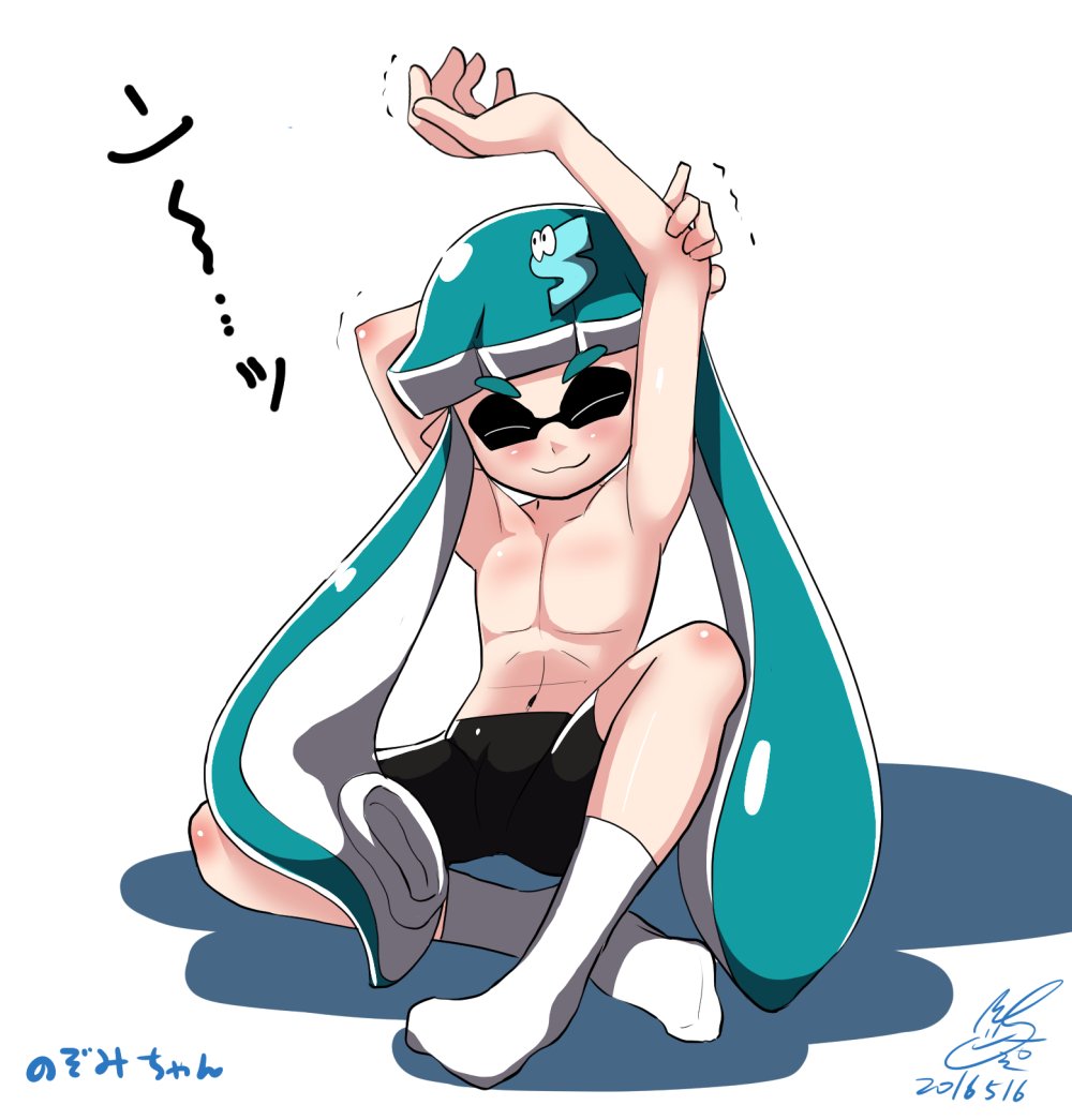 1boy, androgynous, bike_shorts, inkling, male_focus, socks, solo, splatoon, stretch, tentacle_hair, usa_(dai9c_carnival), white_legwear