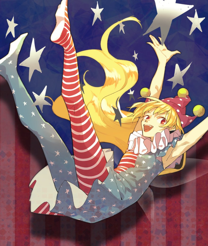 1girl, american_flag_dress, american_flag_legwear, armpits, arms_up, blonde_hair, clownpiece, dress