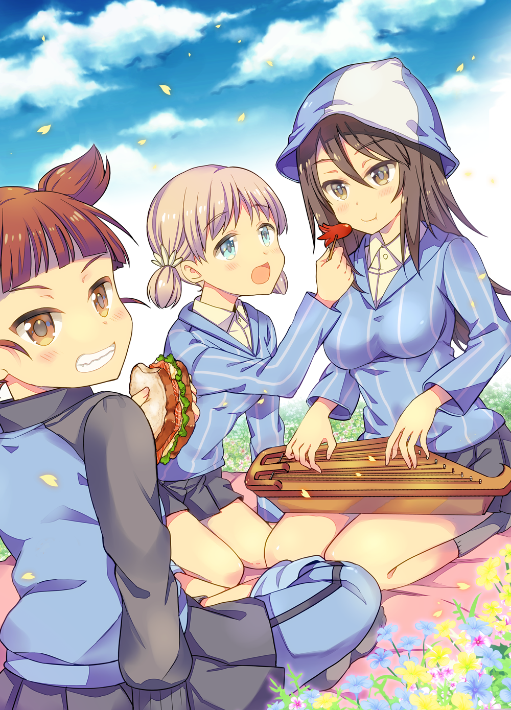 3girls, aki_(girls_und_panzer), blue_eyes, blush, brown_eyes, brown_hair, field, flower