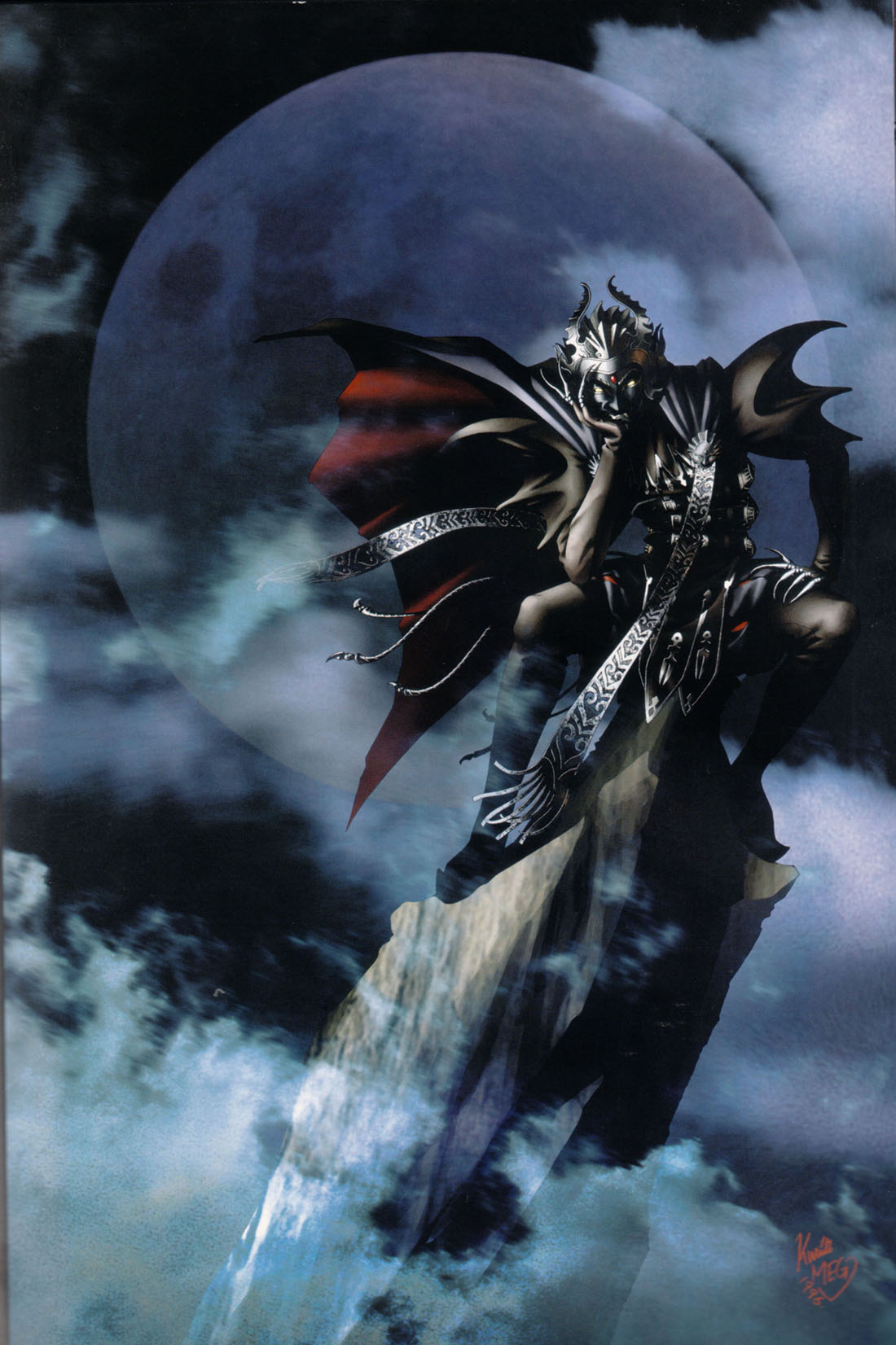 1996, 1boy, 90s, artist_name, belt, cape, chin_rest, claws