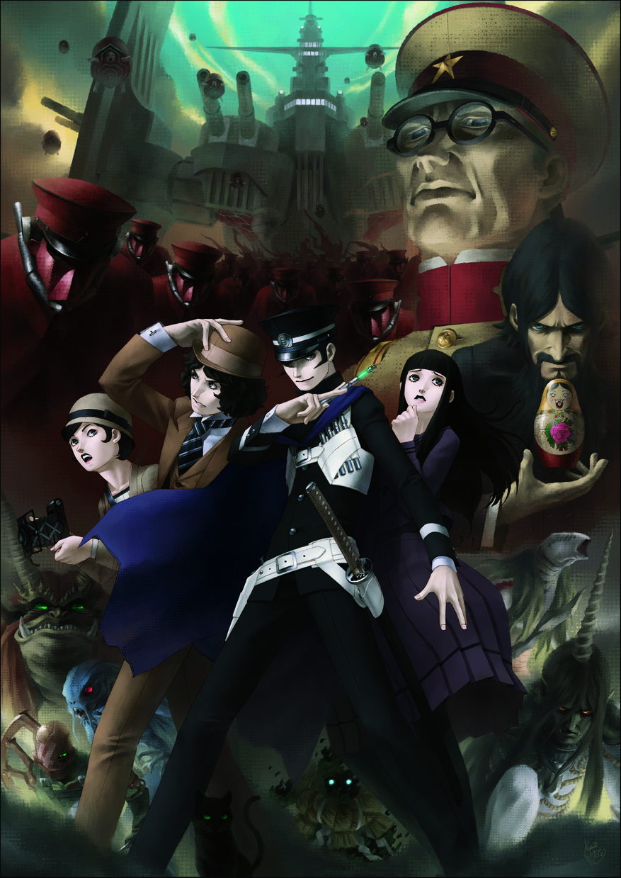2girls, 6+boys, army, asakura_tae, belt, black_hair, cape, character_request, daidoji_kaya, devil_summoner, glasses, gouto, hat, high_collar, highres, hime_cut, horns, ippon-datara_(megami_tensei), kazuma_kaneko, kuzunoha_raidou, matryoshka_doll, megami_tensei, military, military_uniform, multiple_boys, multiple_girls, narumi_shouhei, official_art, peaked_cap, rasputin_(devil_summoner), shin_megami_tensei, sideburns, smile, sword, uniform, weapon