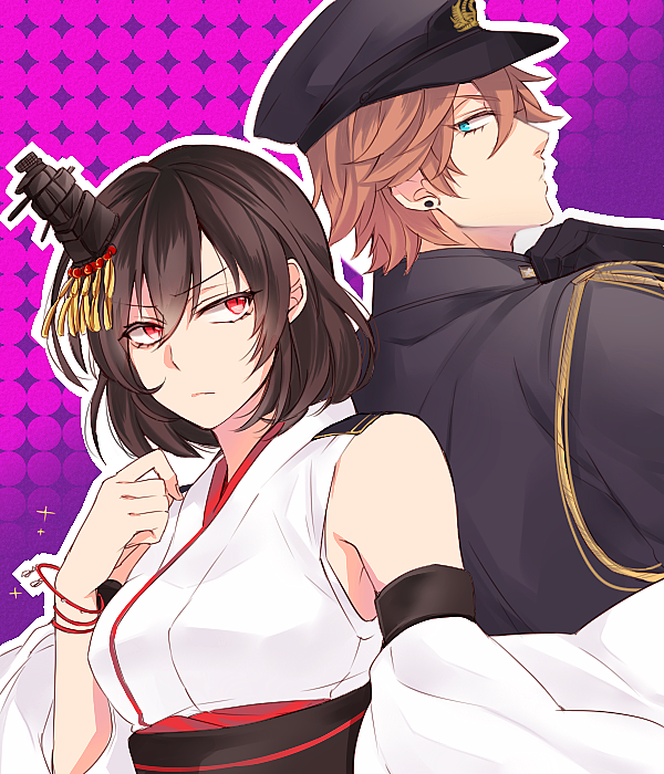 admiral_arisugawa, back-to-back, black_hair, blue_eyes, bracelet, brown_hair, dress, earrings, hair_ornament, hat, jewelry, kantai_collection, military, military_hat, military_uniform, nagomi_(mokatitk), red_eyes, sash, short_hair, sleeveless, sleeveless_dress, uniform, white_dress, yamashiro_(kantai_collection)