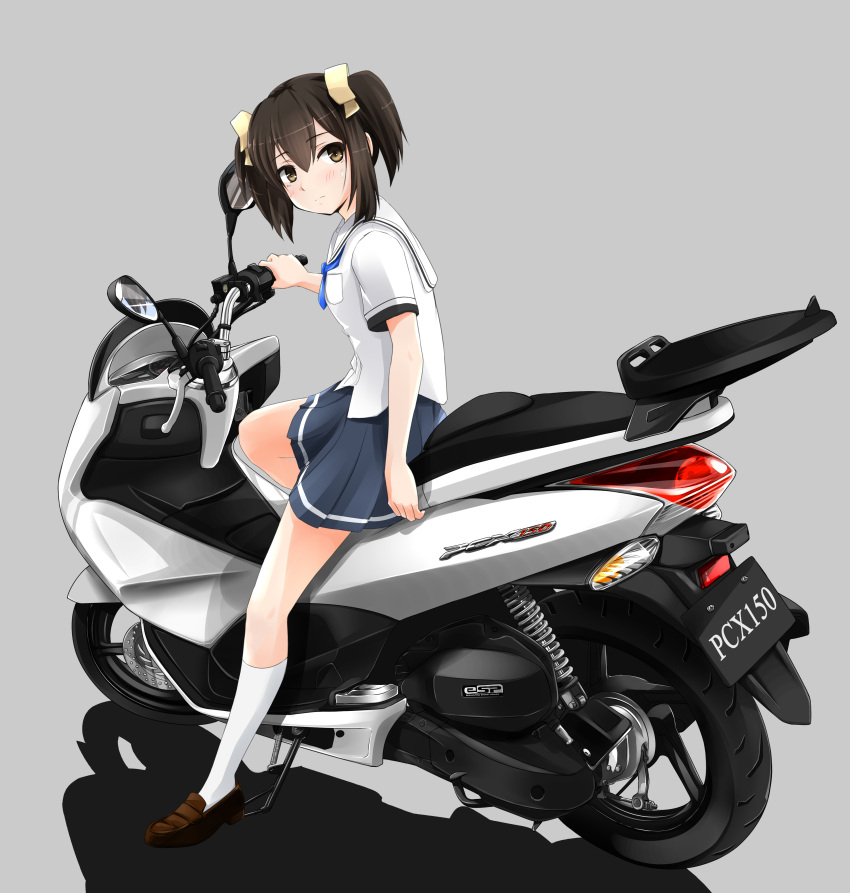 1girl, absurdres, bakuon!!, bow, brown_hair, commentary_request, ground_vehicle, hair_ribbon