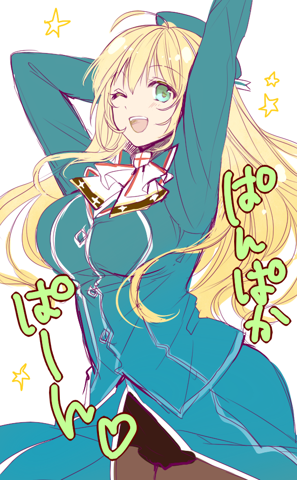 arm_behind_head, arms_up, atago_(kantai_collection), blonde_hair, blue_dress, breasts, commentary_request, dress