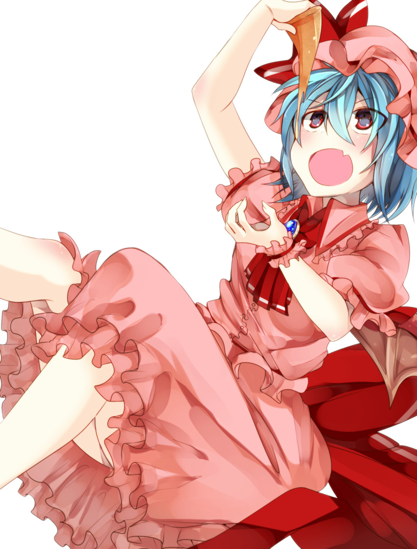 1girl, arm_up, bad_id, bat_wings, bow, brooch, dress, eyebrows