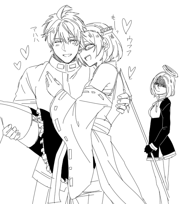annoyed, blush, carrying, flat_expression, floating_hearts, glaive, glasses, greyscale