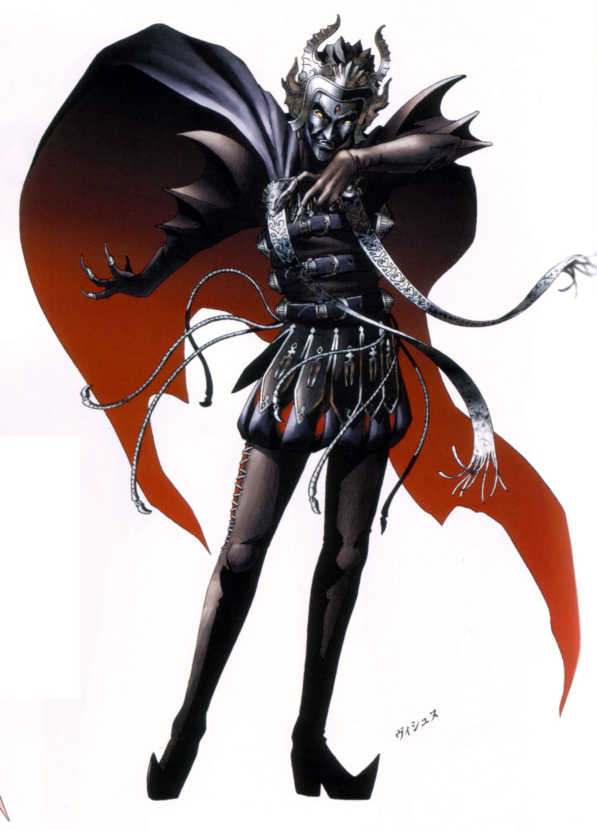 1boy, belt, cape, claws, forehead_jewel, full_body, highres, horns
