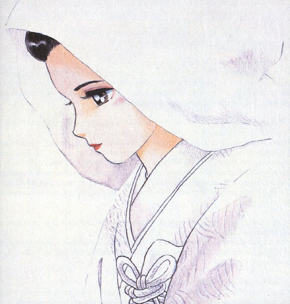 1girl, 1woman, bride, brown_eyes, eyebrows, eyelashes, happy, headdress, japanese, japanese_bridal_wear, japanese_bride, japanese_clothes, kimono, lipstick, looking_down, maison_ikkoku, modest, official_art, otonashi_kyouko, scan, scan_artifacts, shiromuku, takahashi_rumiko, wedding_dress, white_background, white_dress