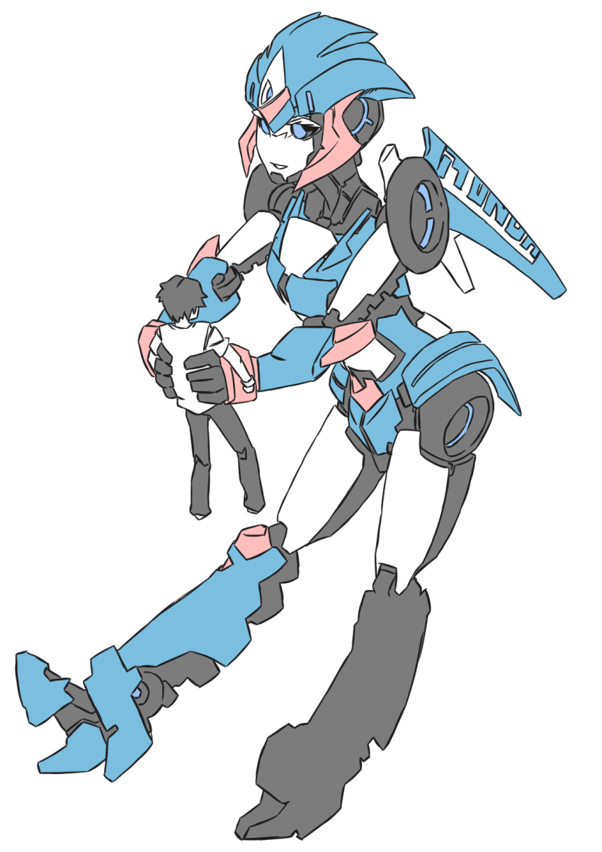 1boy, 1girl, arcee, autobot, blue_eyes, glowing, glowing_eyes, ground_vehicle, high_heels, highres, luckyb, machine, machinery, mecha, mecha_girl, motor_vehicle, motorcycle, open_mouth, robot, science_fiction, smile, transformers, transformers_prime