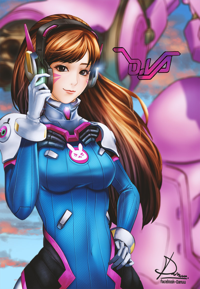 1girl, artist_name, bangs, black_eyes, bodysuit, breasts, brown_hair, character_name, covered_navel, d.va_(overwatch), danuuu, facial_mark, glint, gloves, glowing, hand_on_hip, headphones, lips, long_hair, looking_at_viewer, mecha, medium_breasts, meka_(overwatch), nose, overwatch, pilot_suit, signature, skin_tight, smile, solo, swept_bangs, upper_body, whisker_markings, white_gloves
