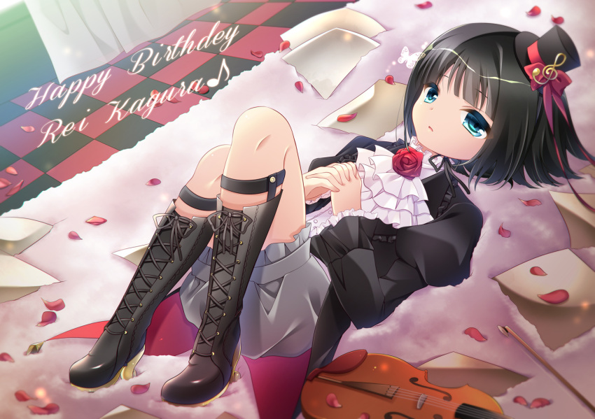 1boy, black_hair, blue_eyes, blush, bob_cut, boots, character_name, cravat