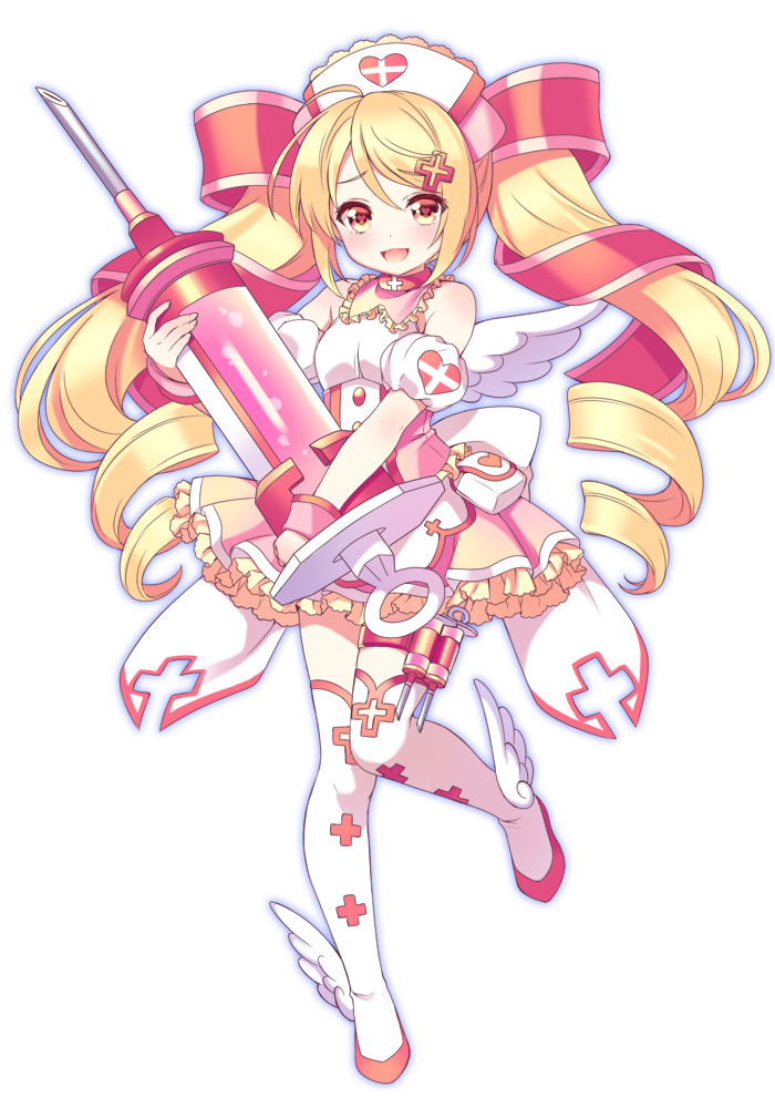 1girl, :d, bare_shoulders, blonde_hair, boots, character_request, copyright_request, detached_sleeves