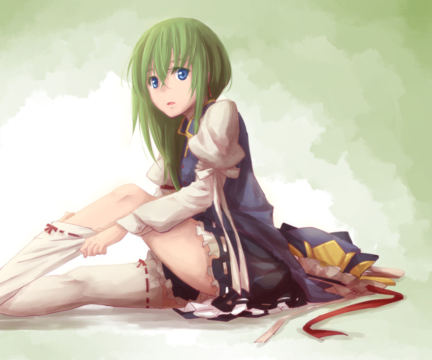 1girl, asymmetrical_hair, bangs, blue_eyes, dressing, green_background, green_hair, hair_between_eyes, hat, hat_removed, headwear_removed, kitsune_maru, layered_skirt, long_sleeves, looking_at_viewer, open_mouth, puffy_long_sleeves, puffy_sleeves, ribbon-trimmed_legwear, ribbon_trim, shiki_eiki, sitting, solo, thigh-highs, thighs, touhou, white_legwear