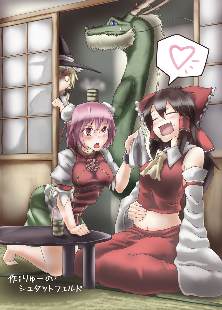 3girls, :d, =_=, arm_garter, ascot, black_bow, blush, bow