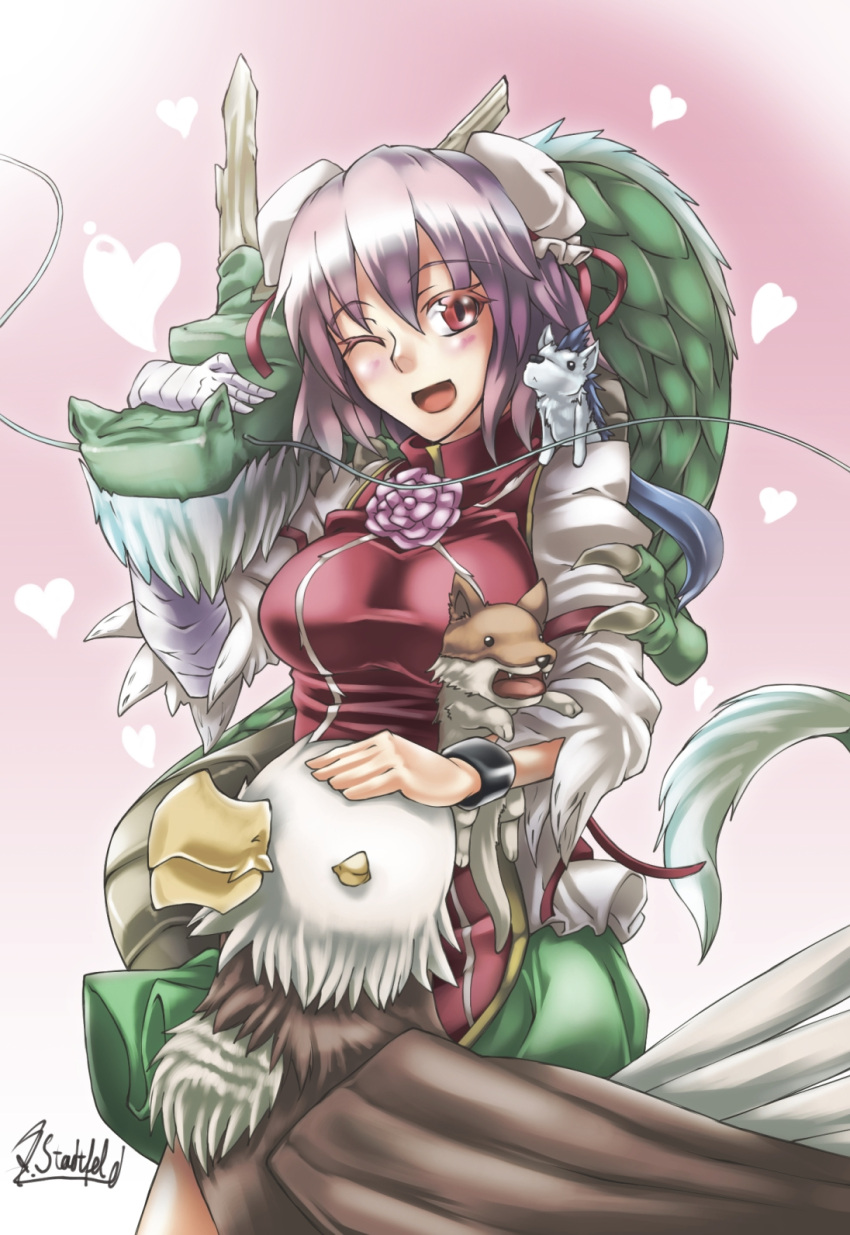 1girl, ;d, animal, arm_garter, bandaged_arm, bird, blush, breasts