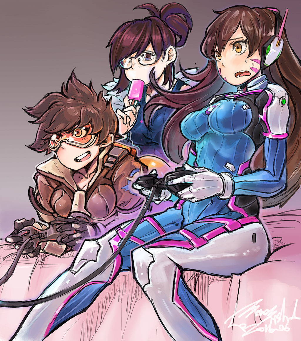 3girls, alternate_hairstyle, armor, bangs, bed, bed_sheet, black_gloves, bodysuit