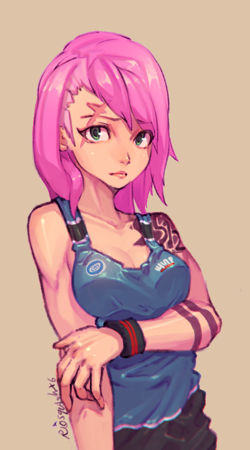 1girl, alternate_hair_length, alternate_hairstyle, bare_shoulders, black_shorts, breast_hold, breasts, cleavage