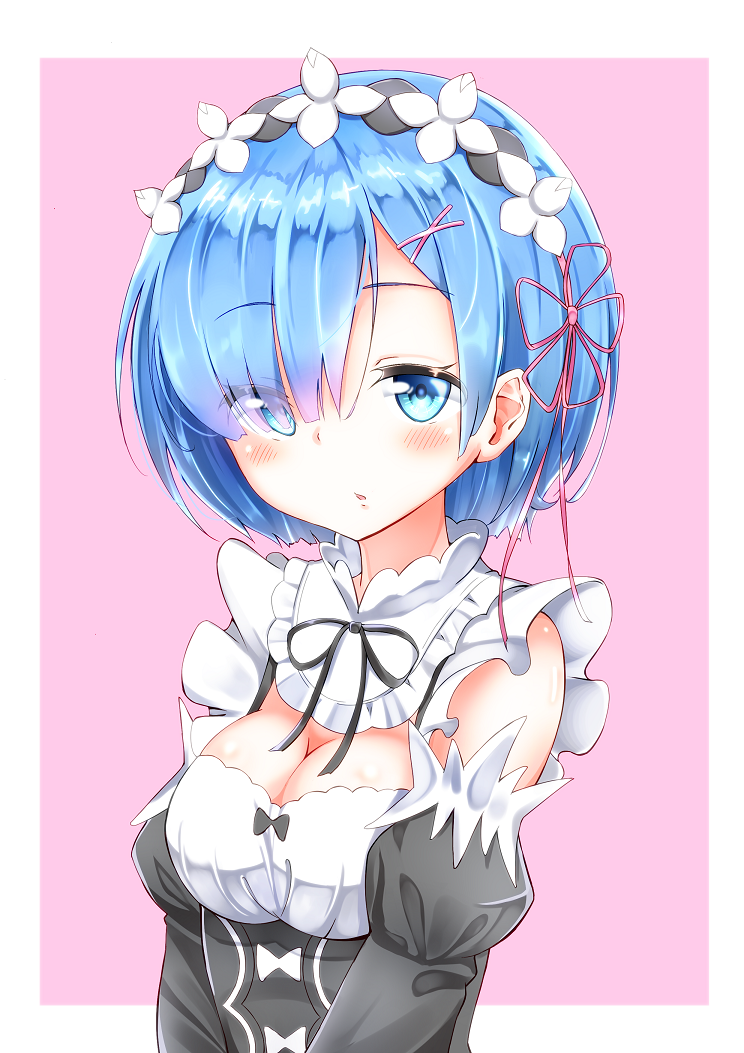 1girl, blue_eyes, blue_hair, blush, breasts, cleavage, hair_ornament, looking_at_viewer