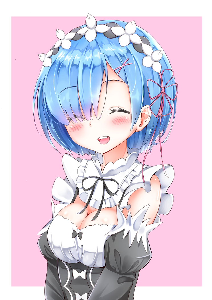 1girl, ^_^, blue_hair, blush, breasts, cleavage, closed_eyes, hair_ornament
