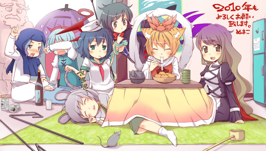 2010, 6+girls, animal_ears, drunk, eating, everyone, food, highres