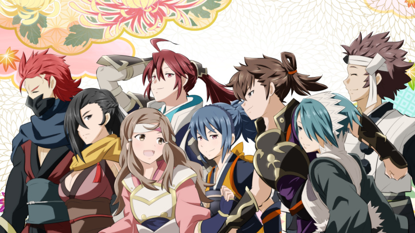 4boys, 4girls, asama_(fire_emblem_if), blue_hair, breasts, brown_hair, cleavage, closed_eyes