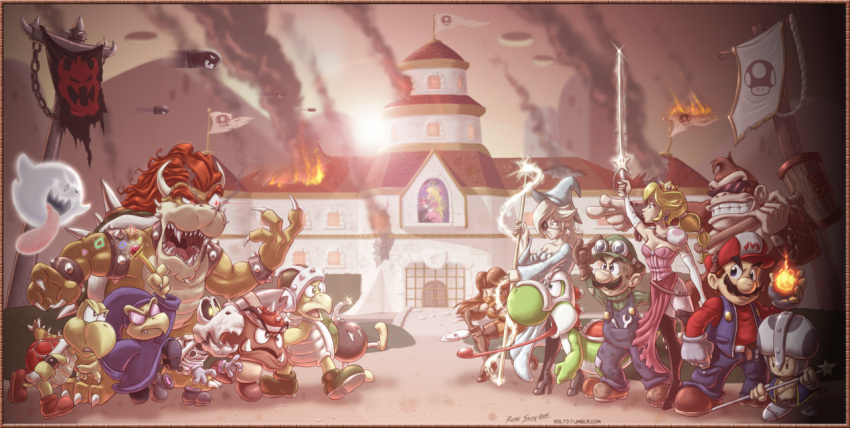 3girls, 6+boys, artist_name, bangs, blonde_hair, blooper, bob-omb, boo, bowser, brown_hair, bullet_bill, cap, castle, creature, donkey_kong, dress, dry_bones, elbow_gloves, fire, gloves, goggles_on_head, goomba, grin, hammer_bro, highres, huge_tongue, kamek, koopa_troopa, long_hair, luigi, mallet, mario, mini_crown, monster, mountain, multiple_boys, multiple_girls, mustache, nintendo, ponytail, princess, princess_daisy, princess_peach, rosetta_(mario), short_hair, smoke, staff, star, starman_(mario), sun, super_mario_bros., super_mario_galaxy, super_mario_land, sword, thigh_boots, toad, toad_(mario), tongue, tongue_out, weapon, web_address, white_gloves, yoshi