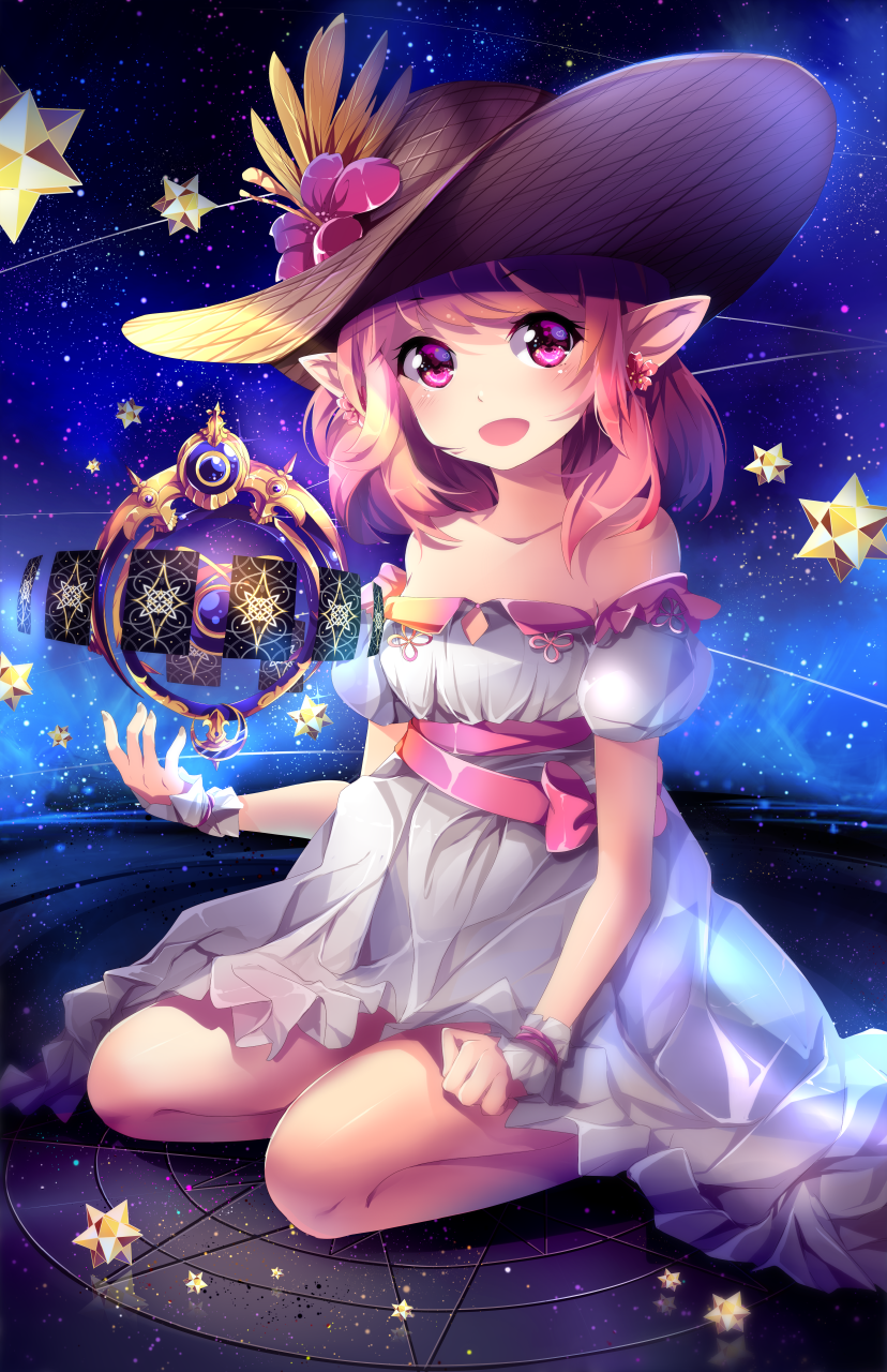 1girl, astrologian_(final_fantasy), bare_shoulders, bent_over, blush, bow, collarbone, earrings